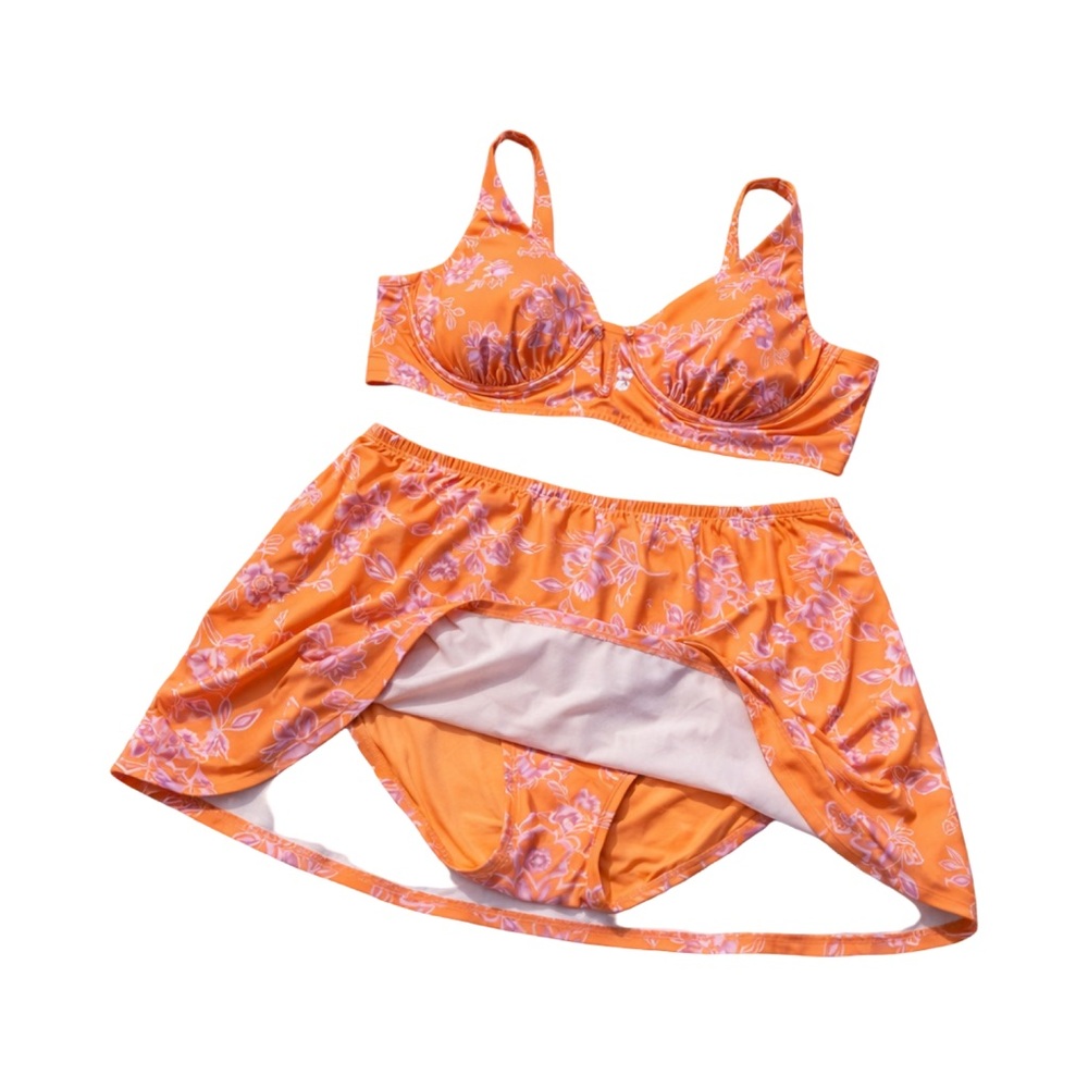 Cacique Swim Set 22/42DD Orange Floral Underwire Bikini Top + Skirtini NWOT - Picture 4 of 13